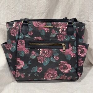 Jaclyn Smith Floral Rose Tote Bag Black Pink Teal Gold Hardware Multi-Pocket